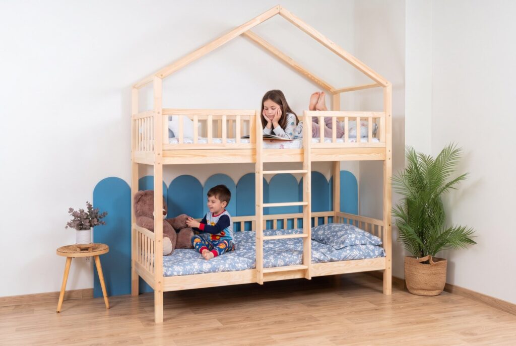 KOSMO Short Bunk Bed in pine wood in a children's room