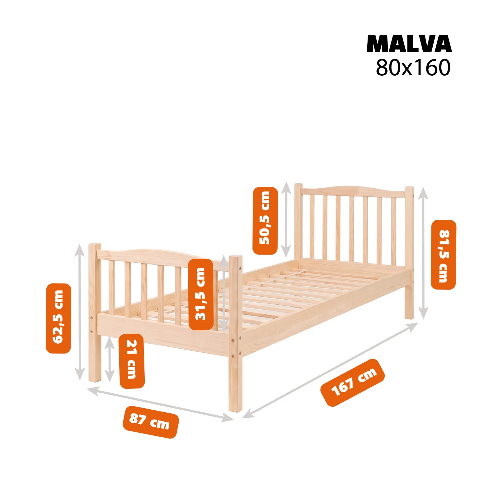 MALVA Children’s Bed in pine wood, dimensions 80 × 160