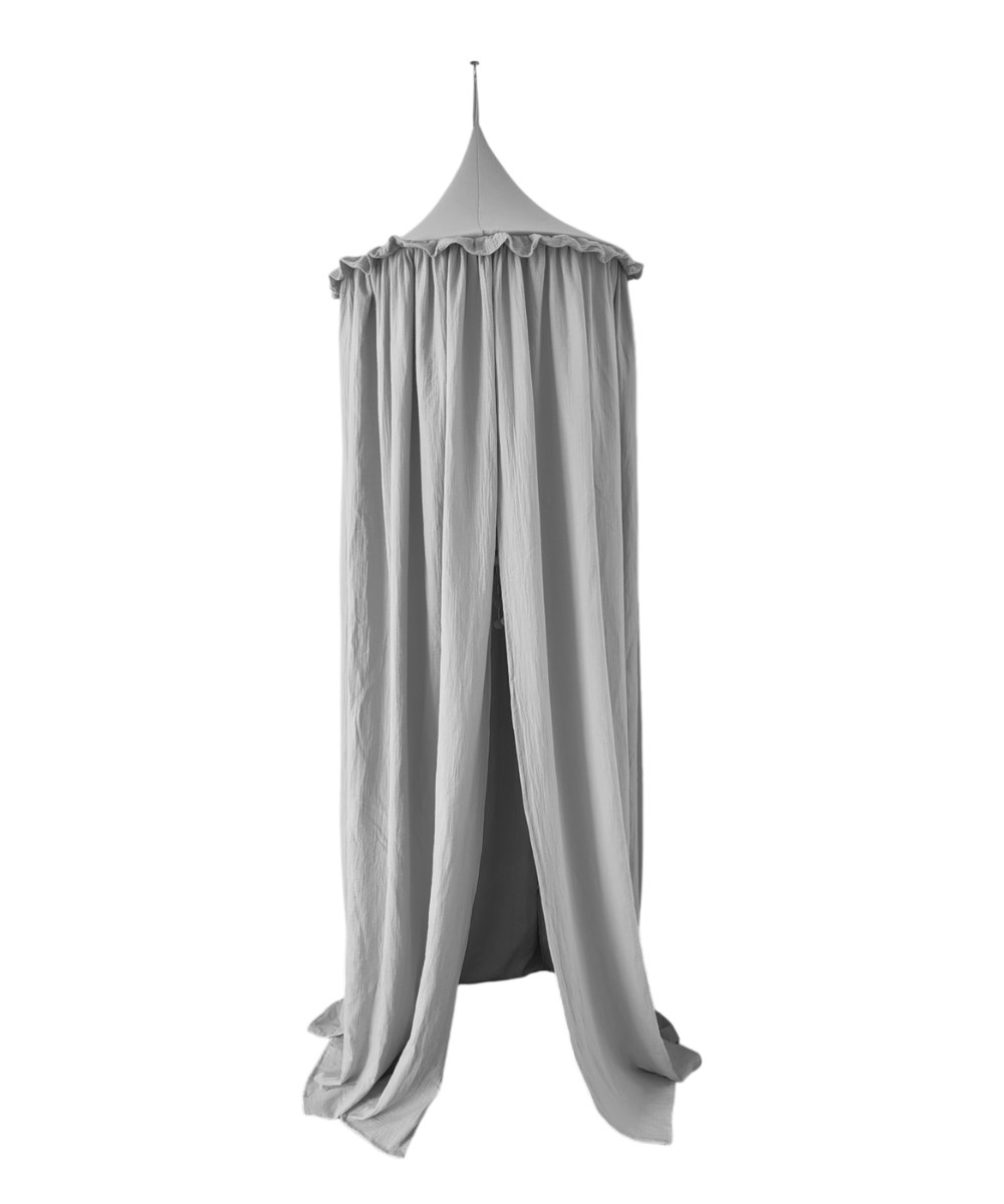 Muslin Canopy with Ruffle – Ceiling Mounted – Grey Muslin Canopy with Ruffle – Ceiling Mounted – Grey