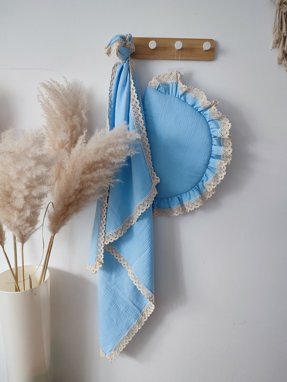 Muslin Blanket with Lace and Pillow – Baby Blue Muslin Blanket with Lace and Pillow – Baby Blue